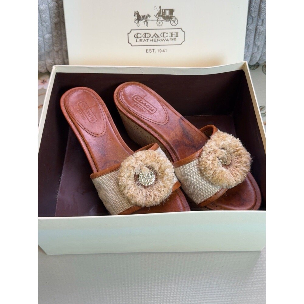 Coach Jazmin A8031 Canvas Cork Wedge Slide Sandals Natural Women’s 7.5M - Picture 12 of 12